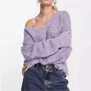 Free People NWT Icing V Pullover Boucle Knit Fuzzy Detail Falling Star Sweater M